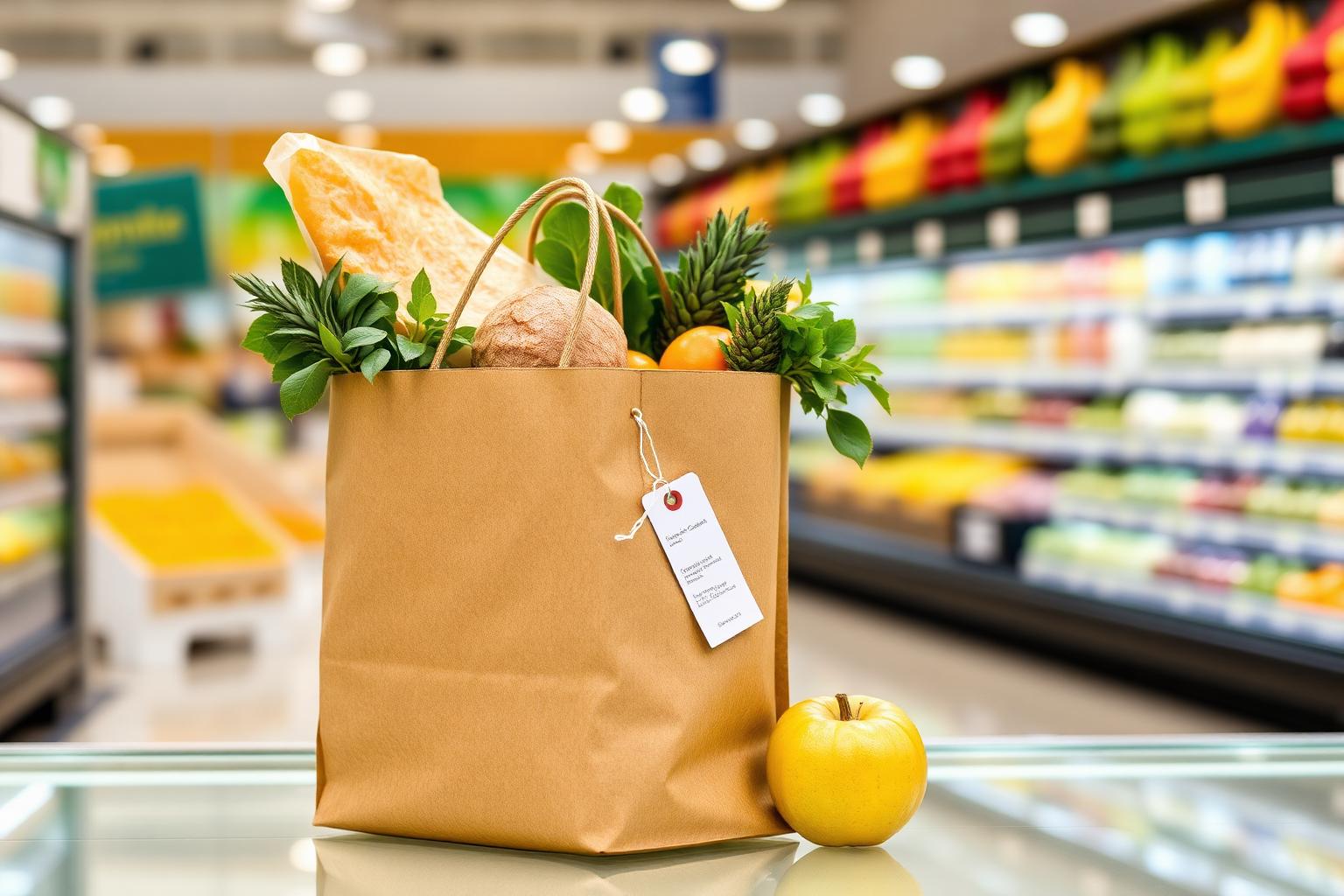 Sacola de compras com alimentos frescos em um supermercado
